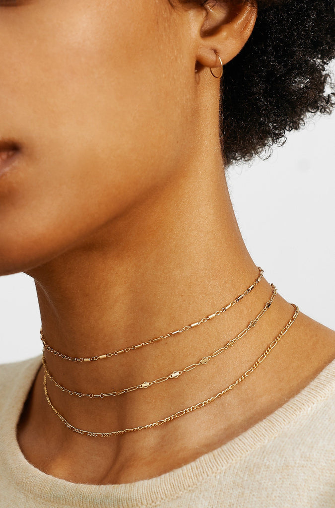 Full view on model 14K 302 Mini Hoops Earrings with 3 choker chains Bagatiba