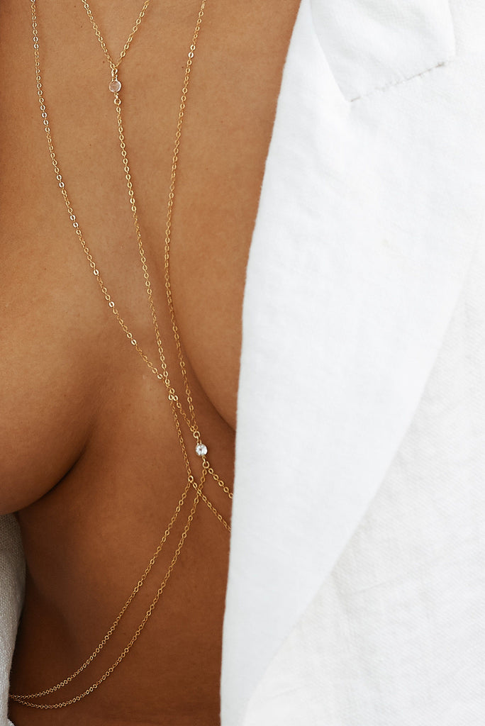 Close up view of model wearing 14K Emma Body Chain Body Bagatiba
