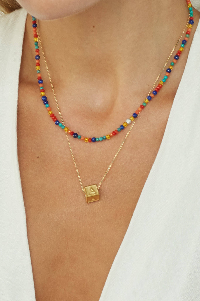 Model wearing "A" Letter Block letter on simple chain  Bagatiba