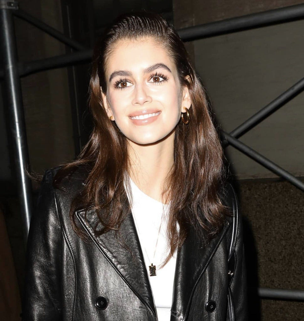 Kaia Gerber wearing Bagatiba Long Cage Necklace and Mini Gold Hollow Hoops  Bagatiba