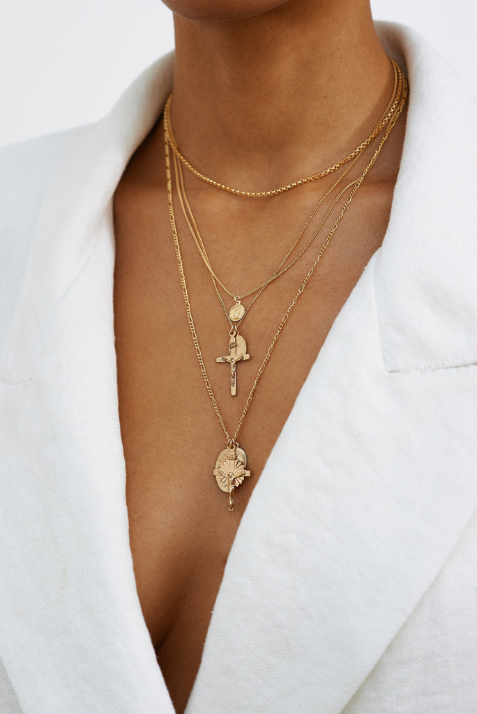 Cropped view of model wearing layers including D2C Necklace Necklace Bagatiba