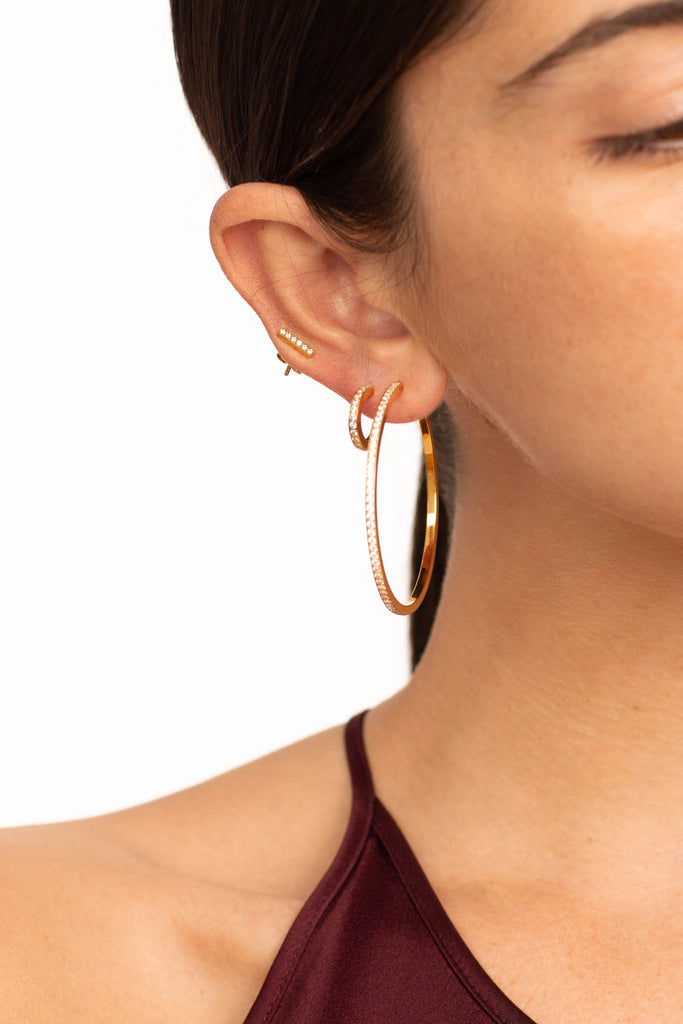 Cropped view of model wearing Diamond Bar Studs, small & large diamond hoops  Earrings Bagatiba