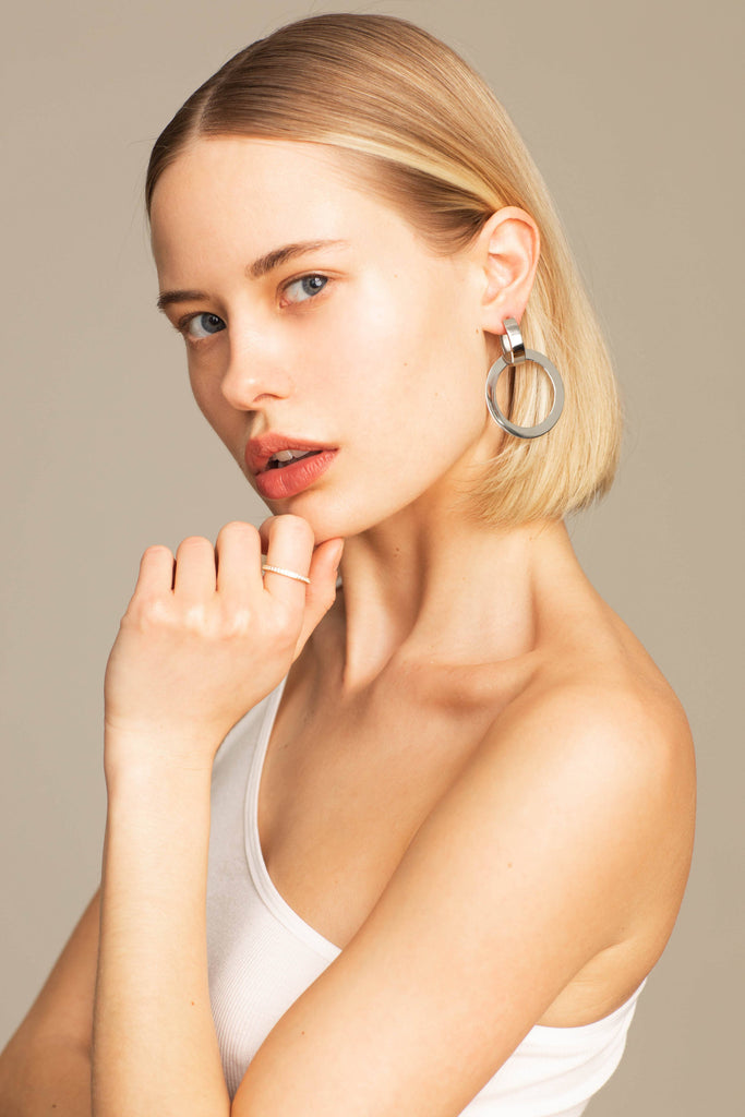 Model wearing Diamond Ring and Silver Rita Hoops  Bagatiba