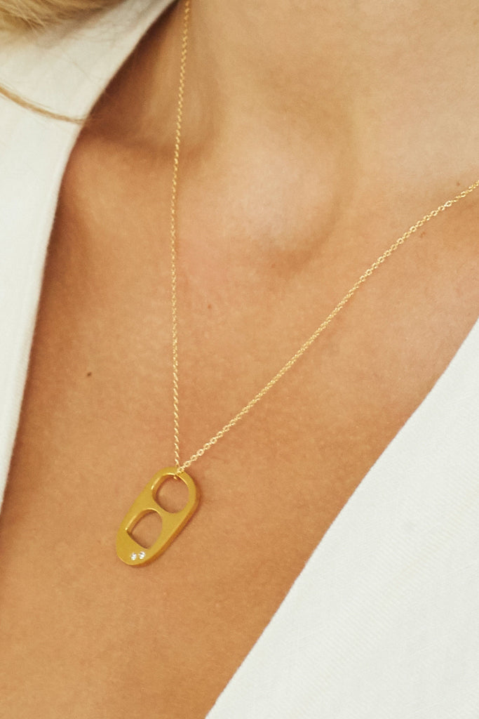 Cropped view on model of Diamond Soda Tab Charm Necklace Bagatiba