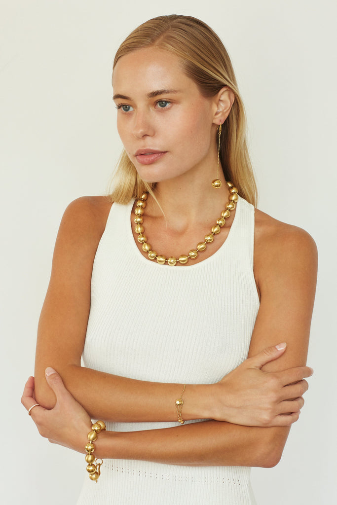 Full view of model wearing Drop Sphere Earrings Earrings bagatiba