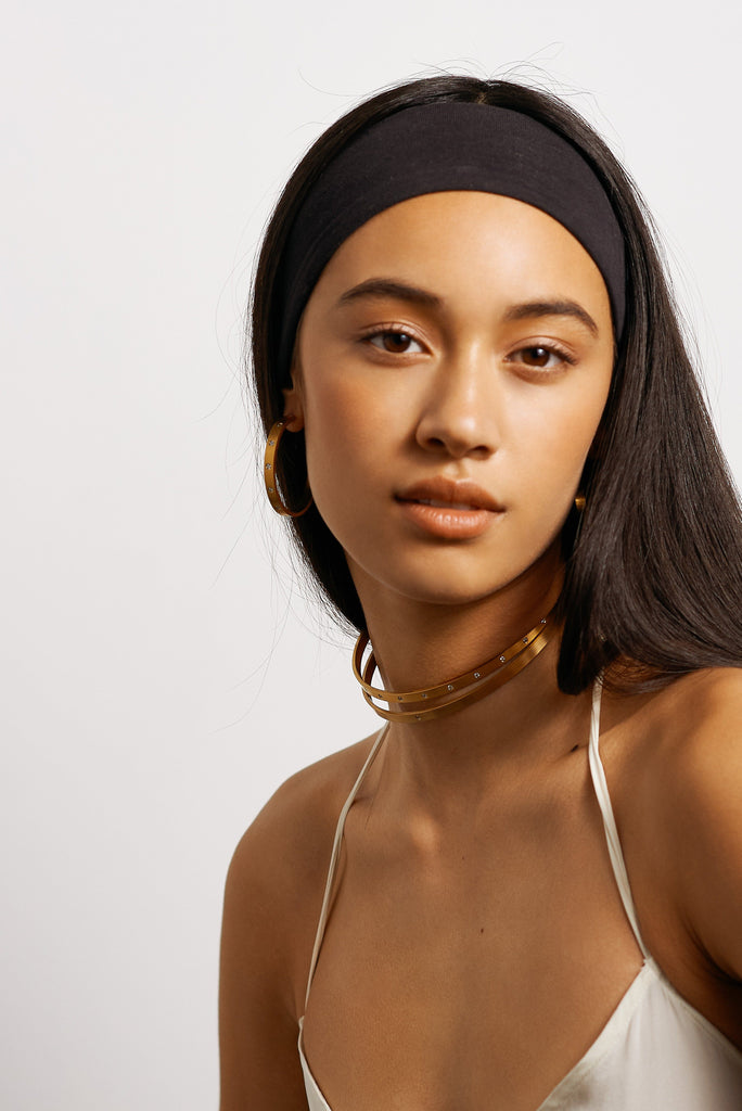 Model wearing Gemma Diamond Hoops Earrings and choker bagatiba