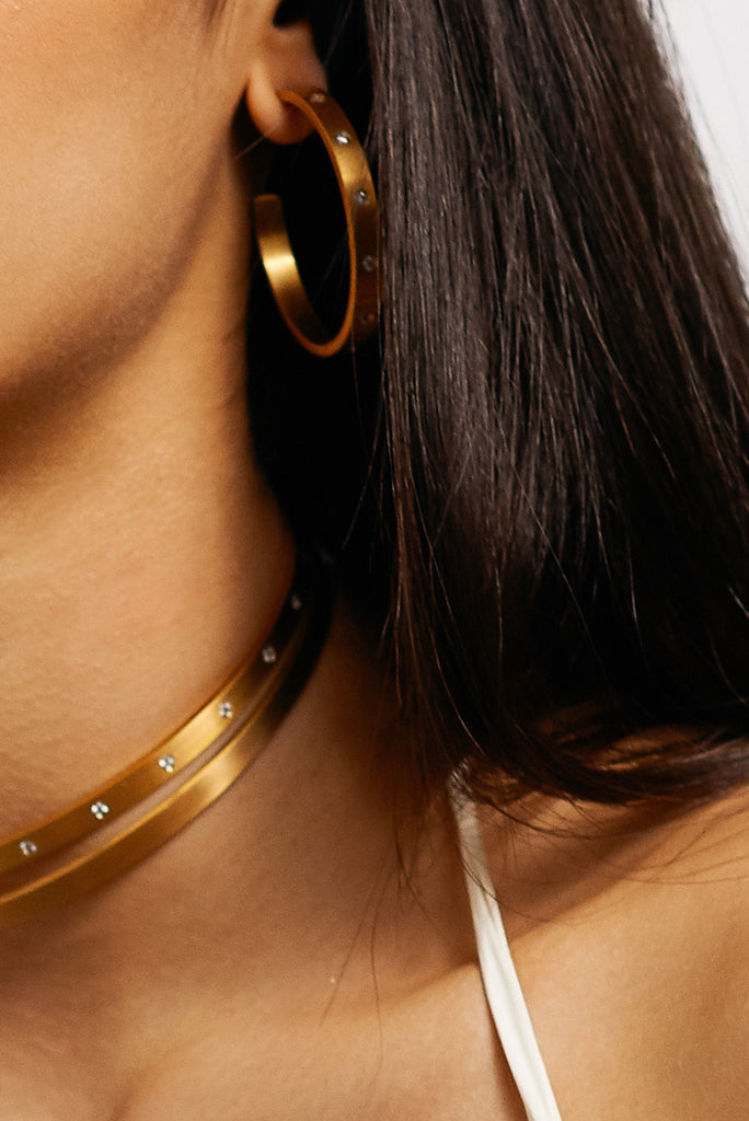 Cropped view on model of Gemma Diamond Hoops Earrings bagatiba