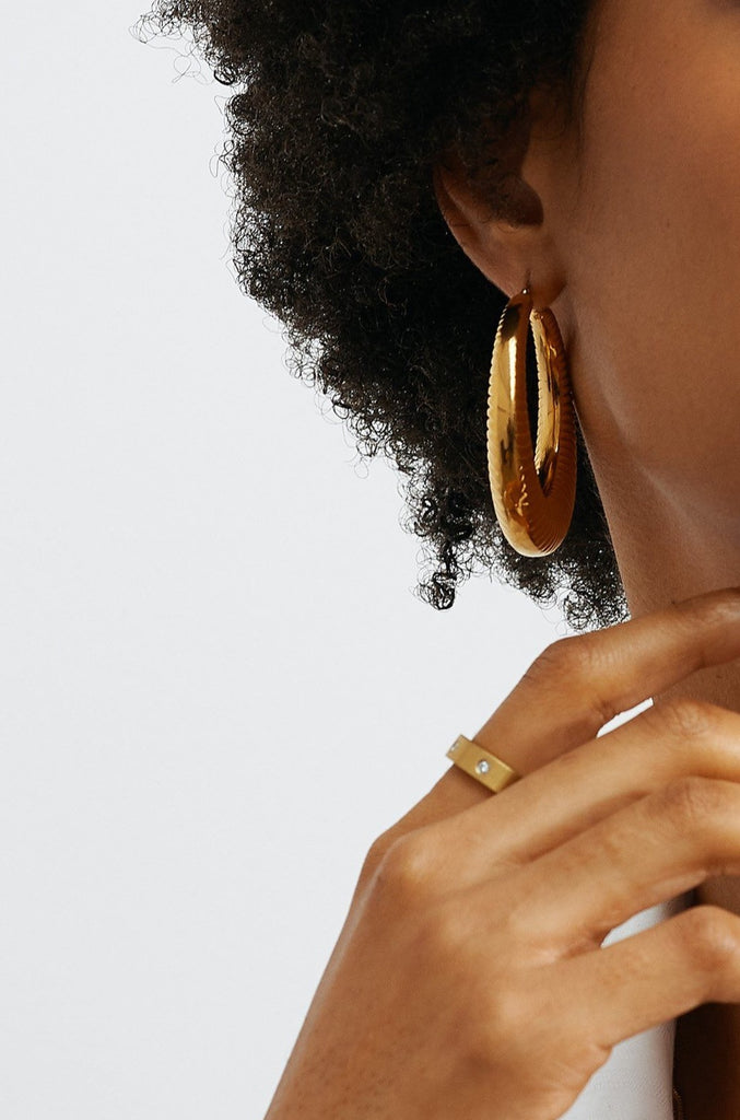 Model wearing Gemma Diamond Ring, Egypt Hoops & Vintage Square Chain  Bagatiba