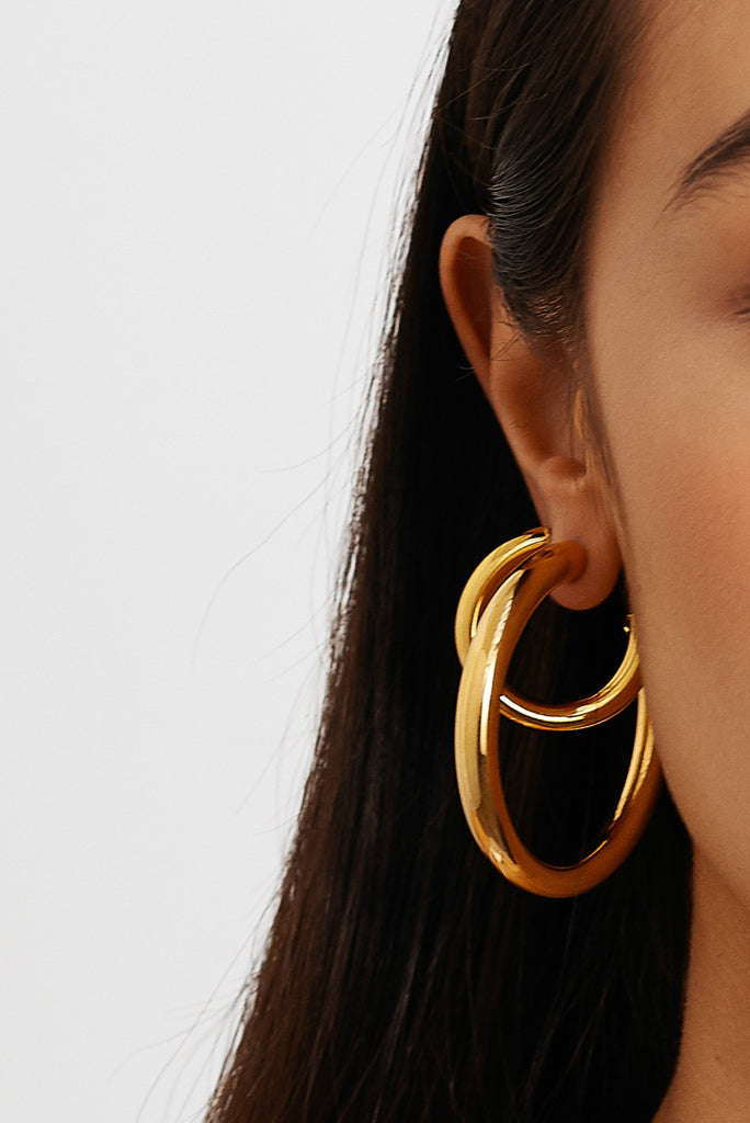 Detail view on model of Gold Hollow Hoops Earrings Bagatiba