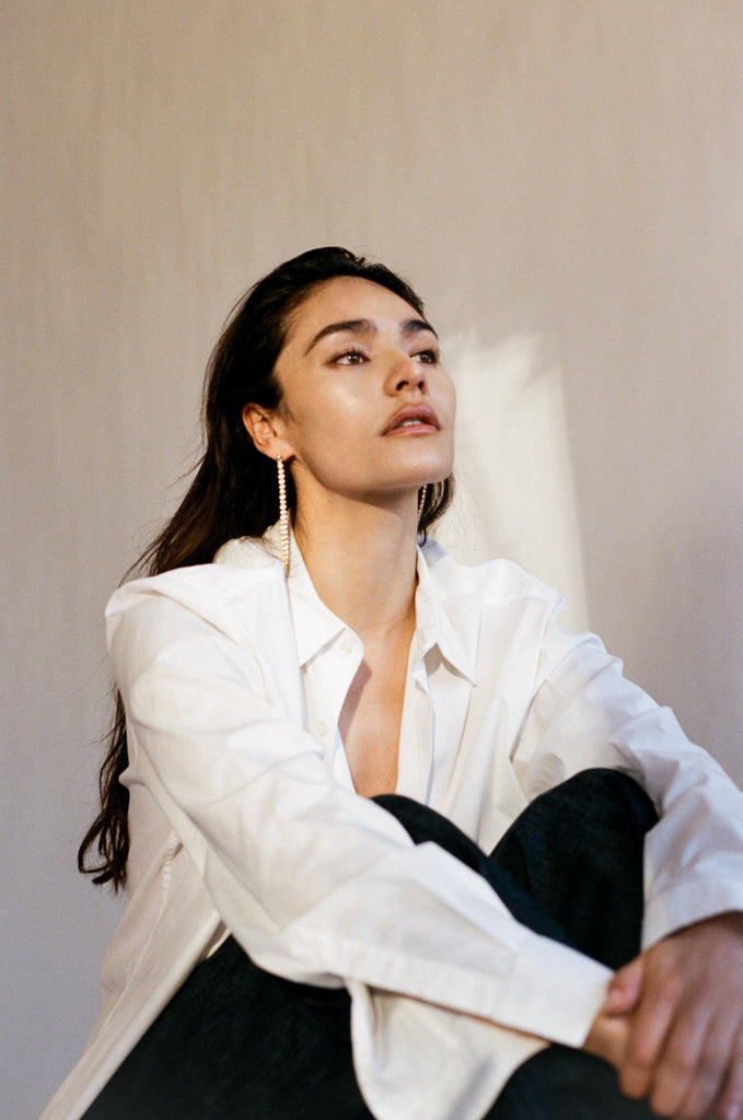 Full view of model wearing the Mika Diamond Line Earrings Earrings bagatiba