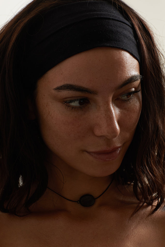 Oval Wood Bead Necklace necklace on model shot as portrait