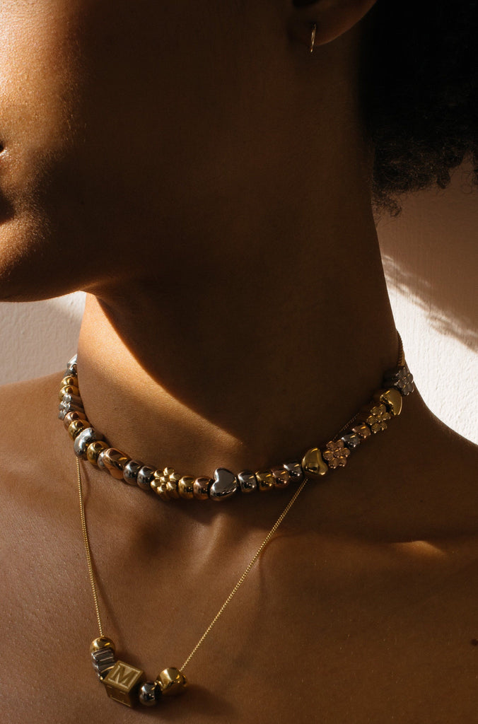 Silver Bead Set shown on model in natural light Bagatiba