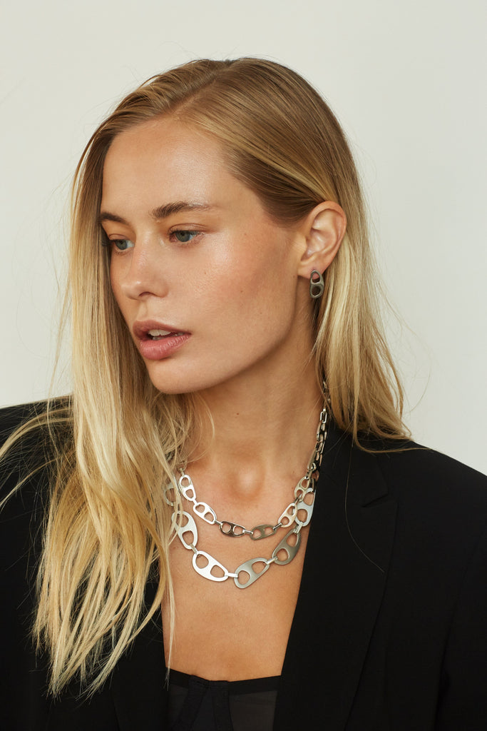 Silver Tab Studs Earrings by bagatiba worn on model