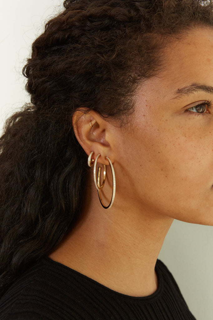 Model wearing the Small, Medium and Large  Diamond Hoops Earrings Bagatiba