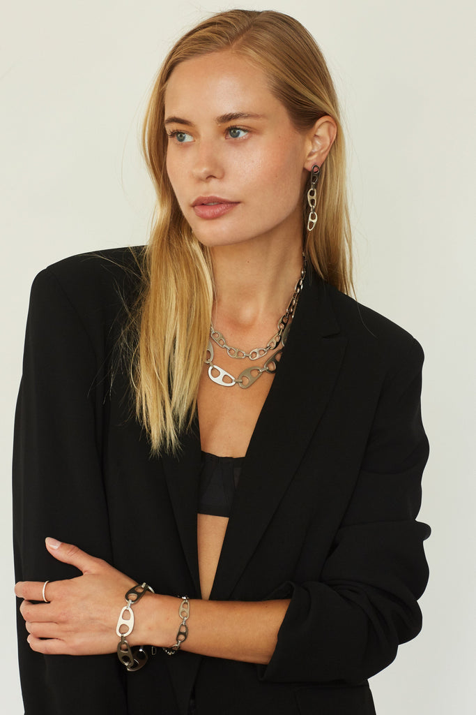 Full view of model wearing the Silver Tab Collection by  bagatiba