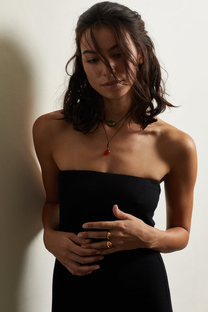 Full view of Thin Gold Orb Ring Ring bagatiba on model standing