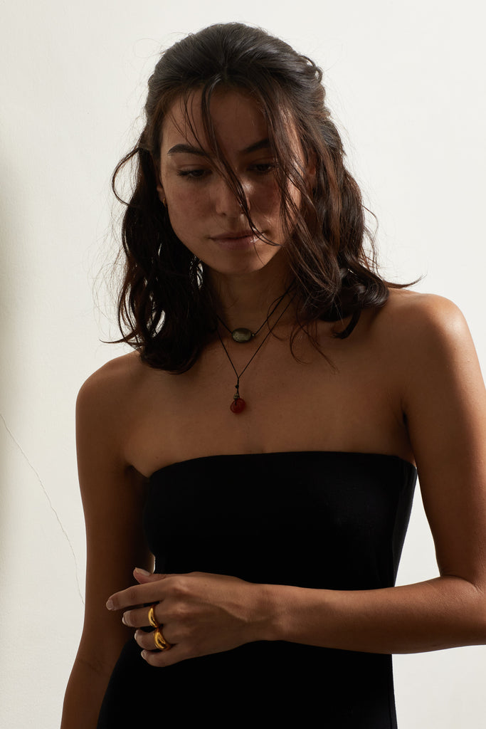 Full view of Thin Gold Orb Ring Ring bagatiba on model laurel