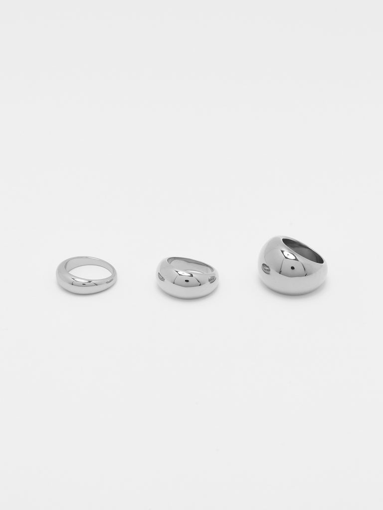 Full view flat lay of the Thin, Small and Large Silver Orb Rings by bagatiba