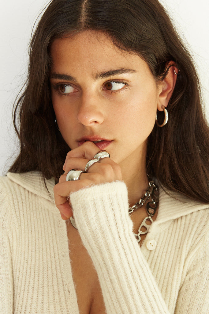 Model wearing the Thin, Small and Large Silver Orb Rings by bagatiba