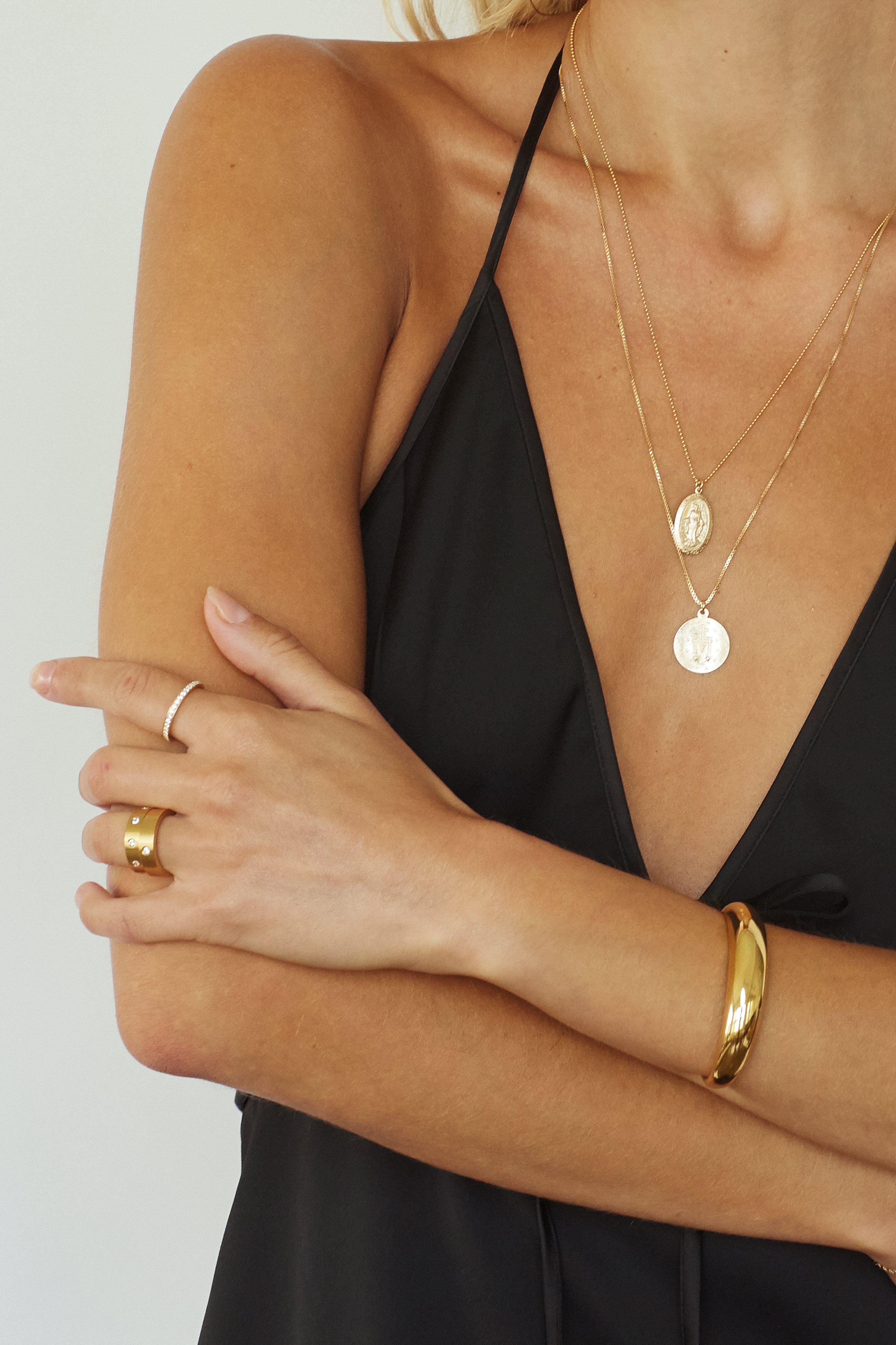 Model torso view wearing 22" Pray For Mary Square Necklace and 1SM Necklace bagatiba 