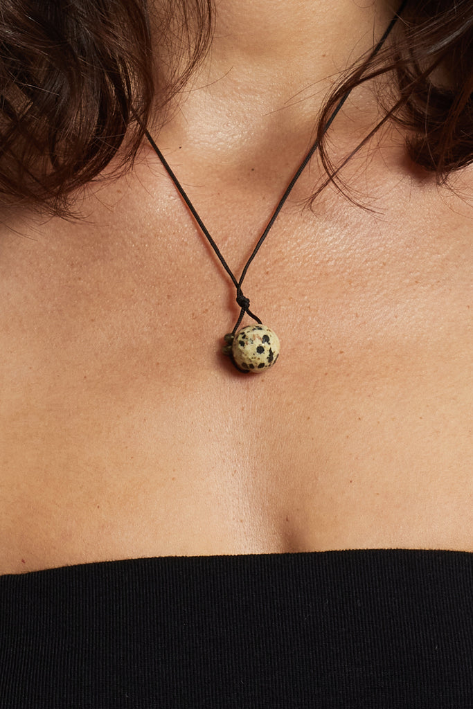 Dalmatian Drop Necklace necklace on Model close up