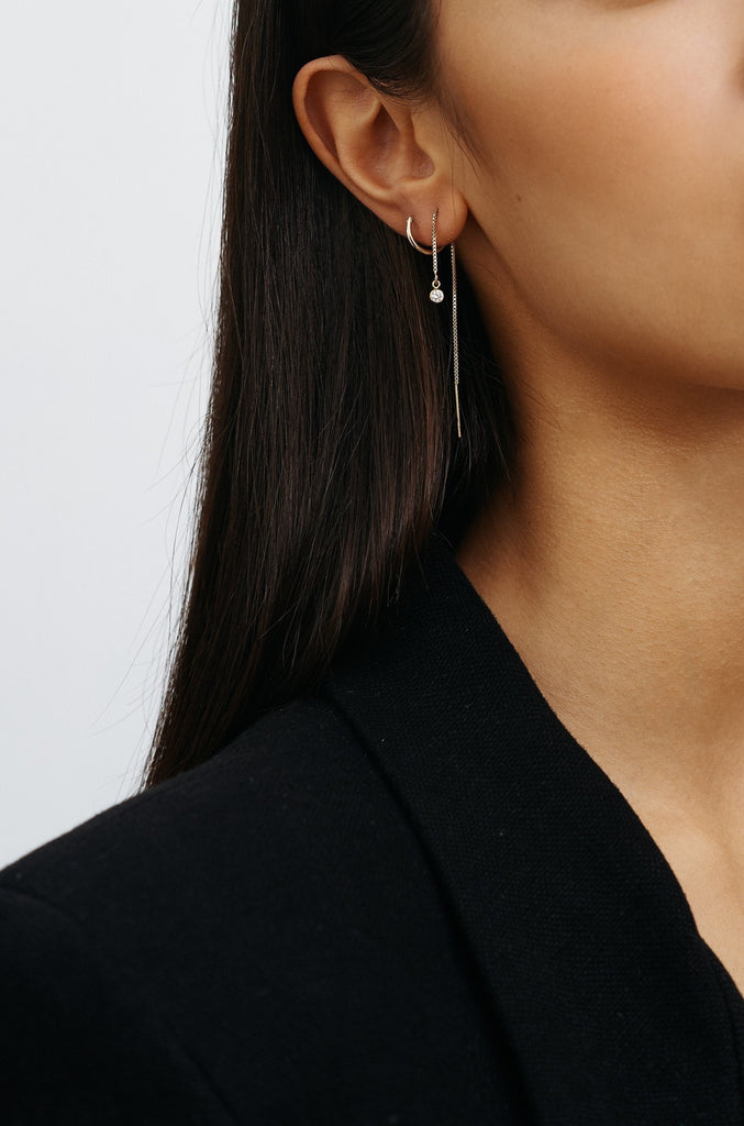 Full view of model wearing Diamond Ear Thread Earrings bagatiba 
