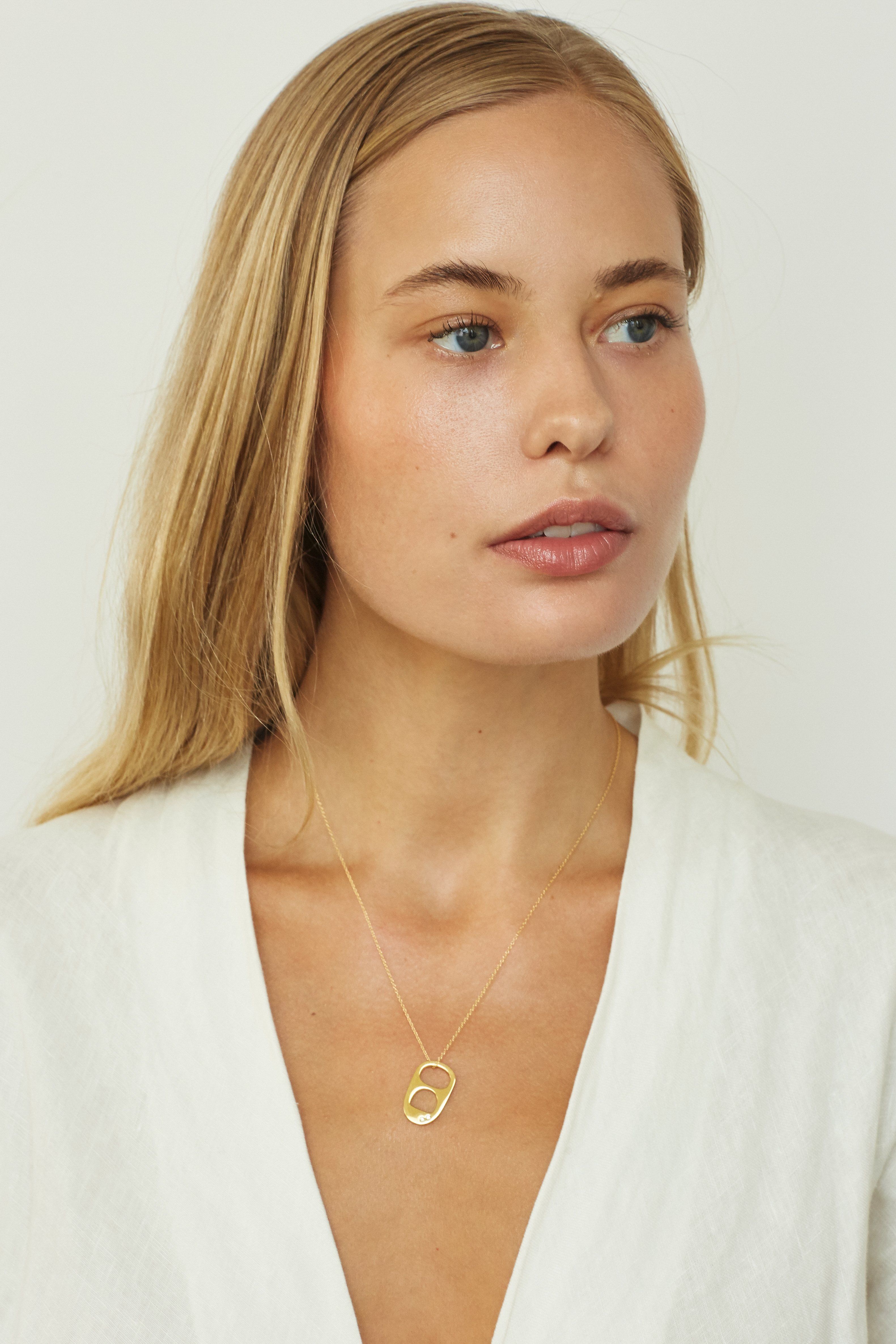 Model wearing Diamond Soda Tab Charm Necklace Bagatiba 