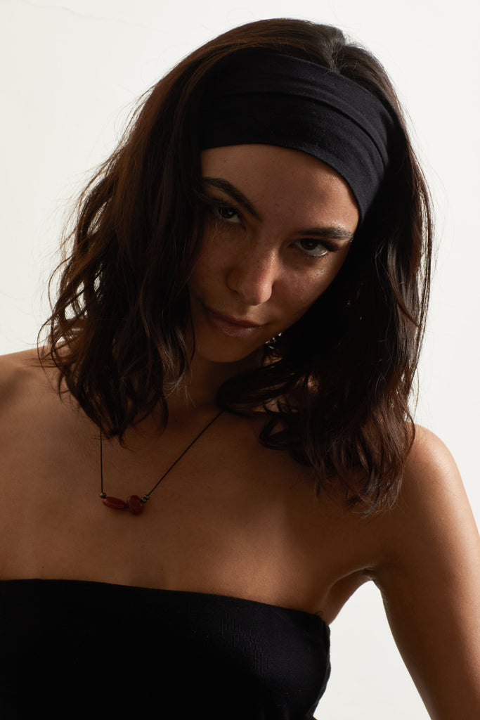 Double Red Agate Necklace necklace Bagatiba portrait on model looking at camera in black tube top