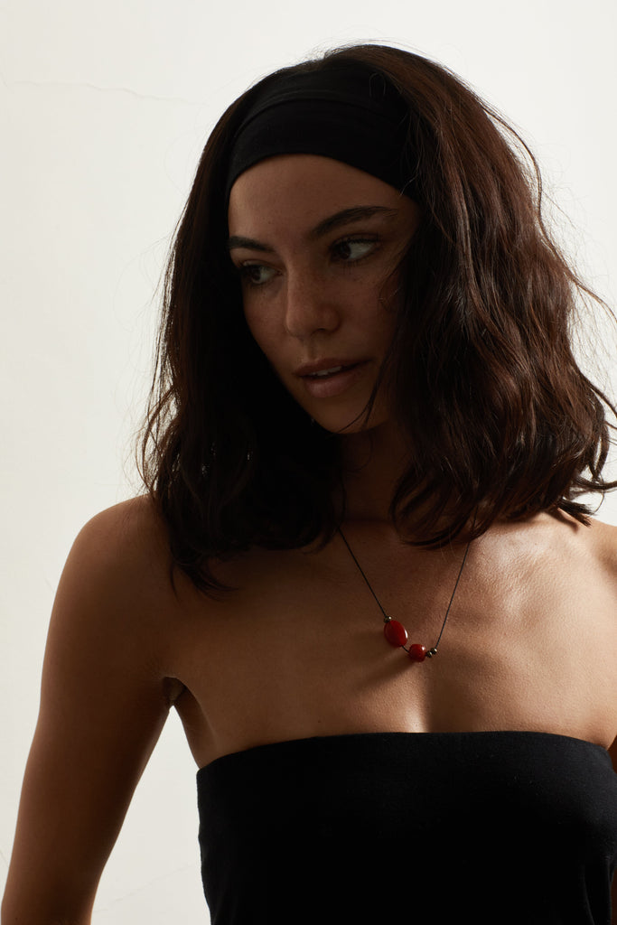 Double Red Agate Necklace necklace Bagatiba portrait of model in black top and headband