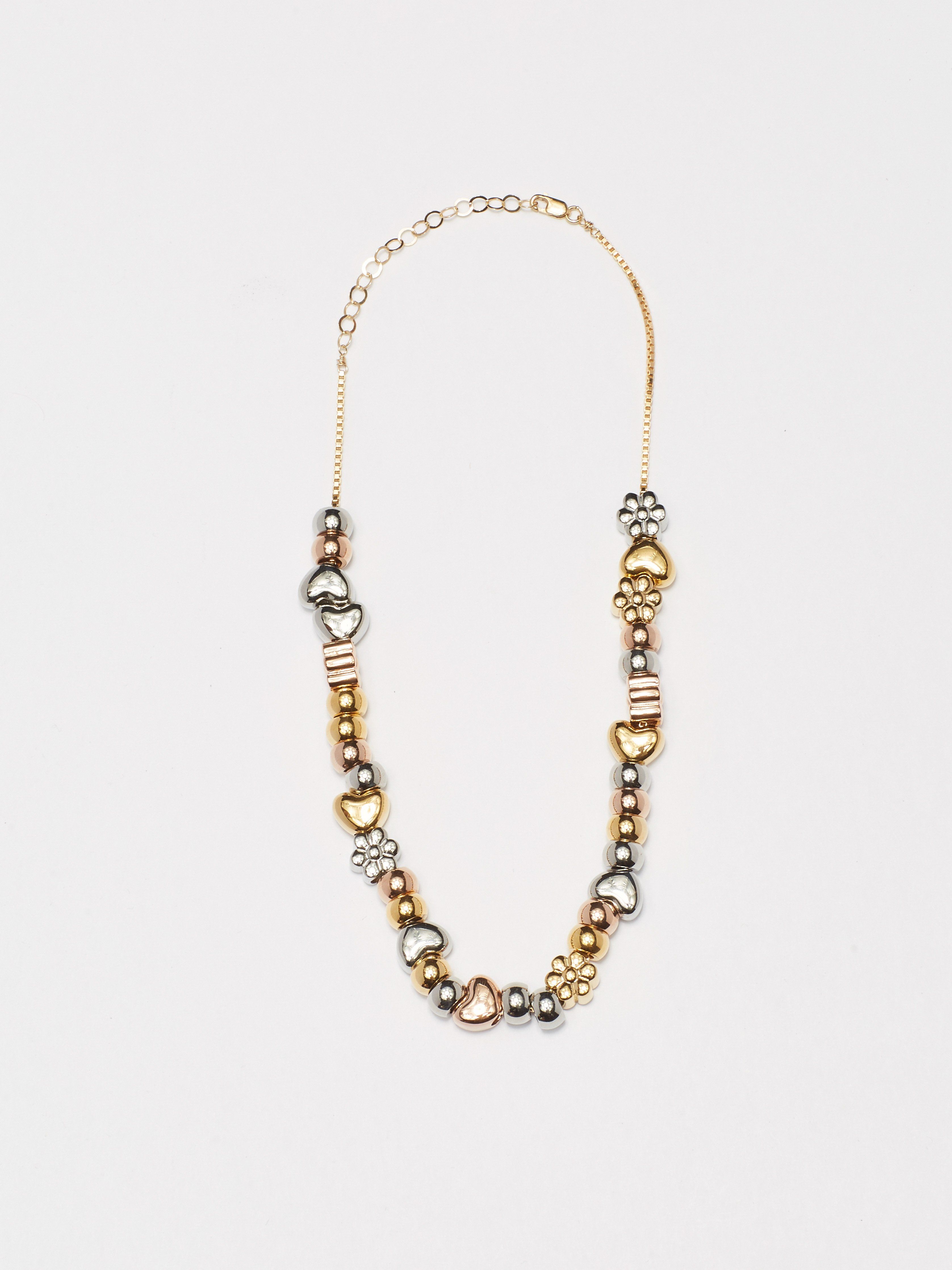 Full view flat lay of vintage square choker with multiple bead sets including Gold Bead Set Bagatiba 