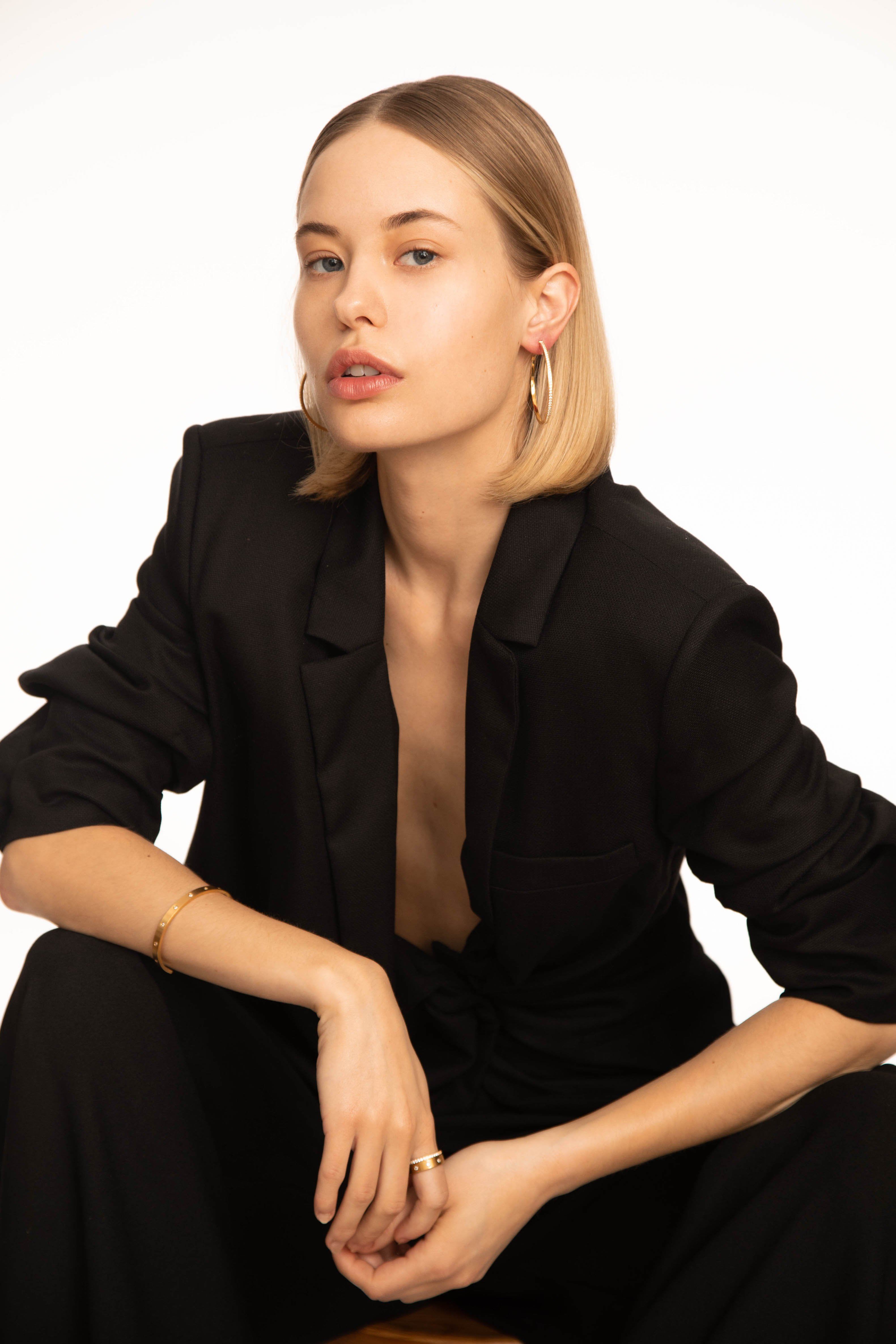 Model in Large Diamond Hoops Earrings Bagatiba 