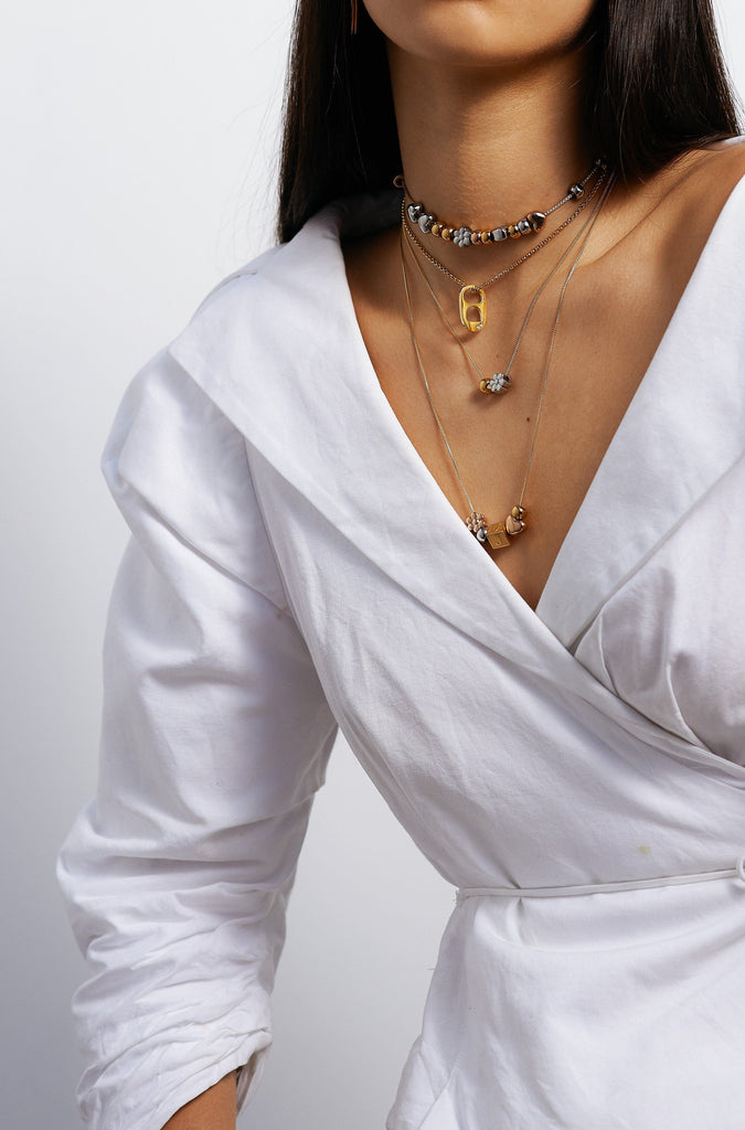 Full view of model wearing Multi Beaded Necklace Choker Bagatiba 