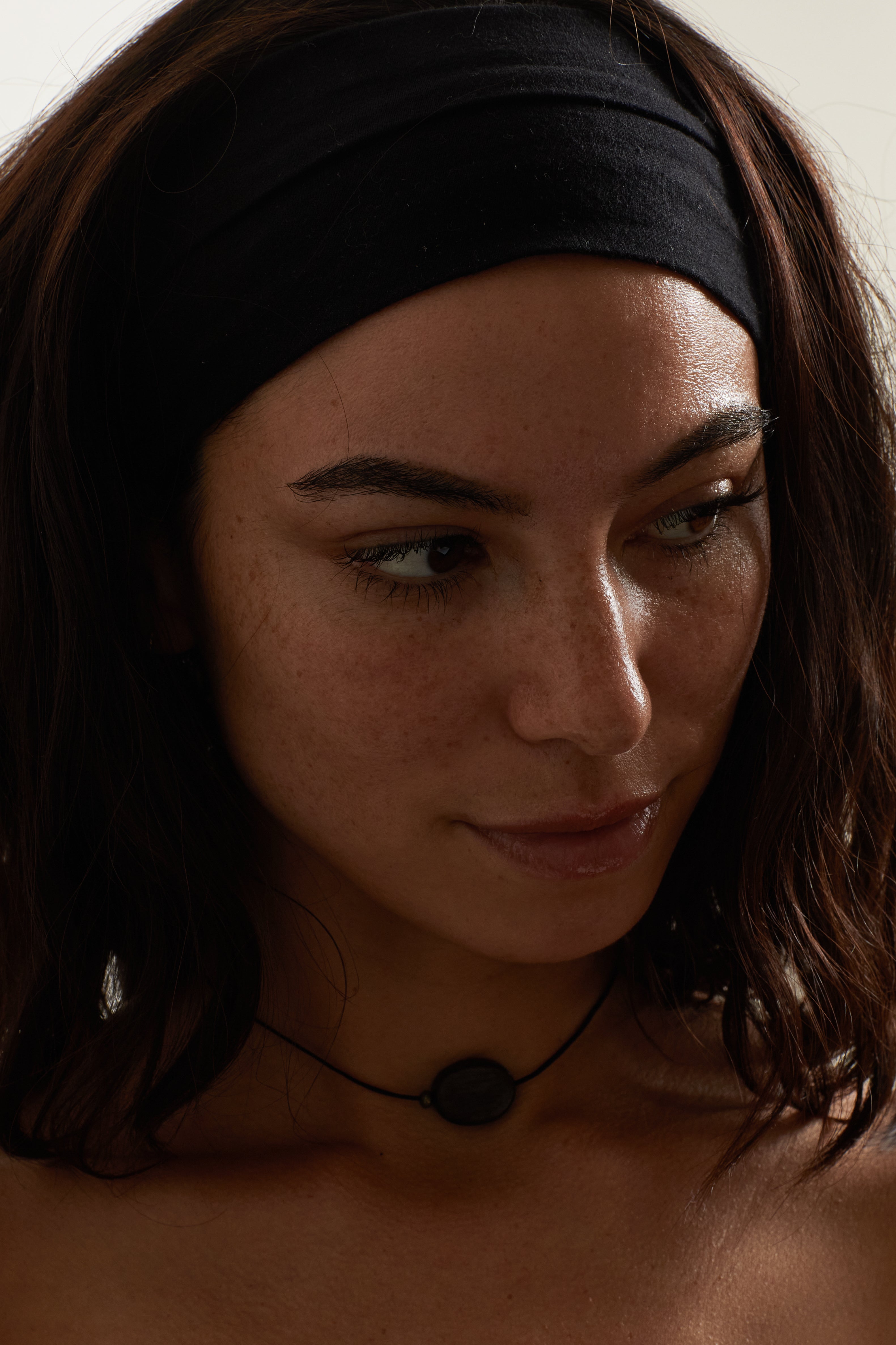 Oval Wood Bead Necklace necklace on model shot as portrait  