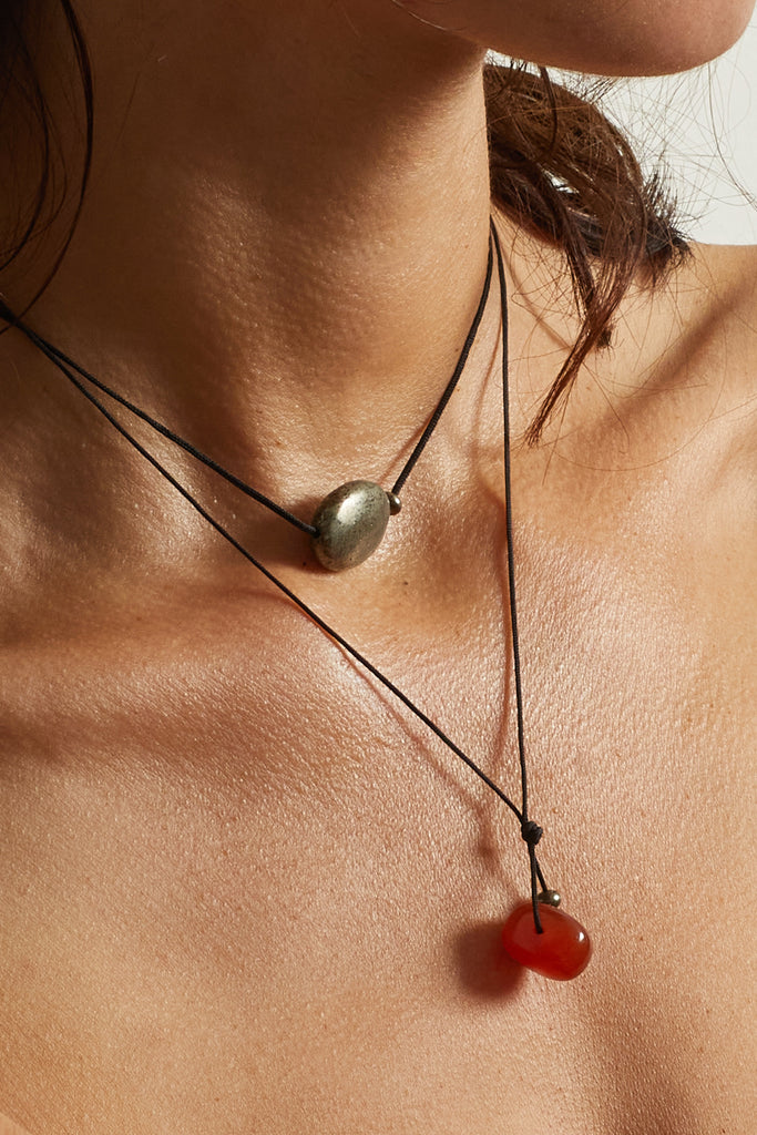 Red Agate Drop Necklace necklace Bagatiba close up pyrite and red agate on skin on model