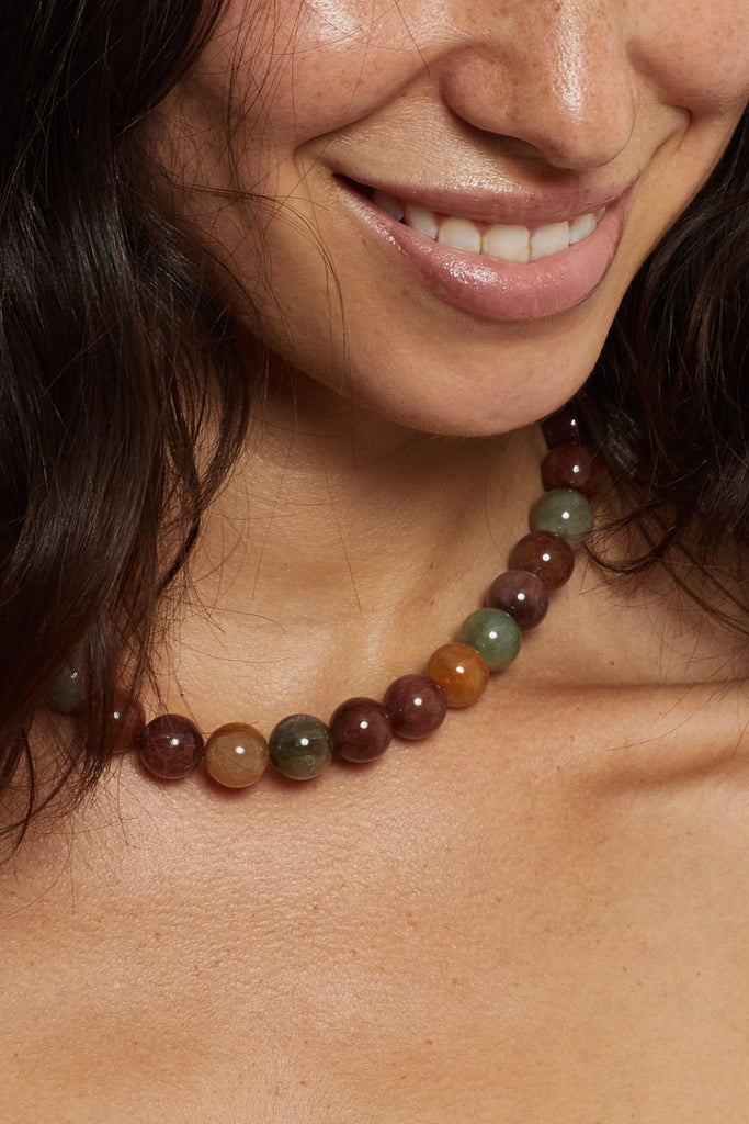 Rutilated Quartz Necklace necklace Bagatiba on model smiling close up