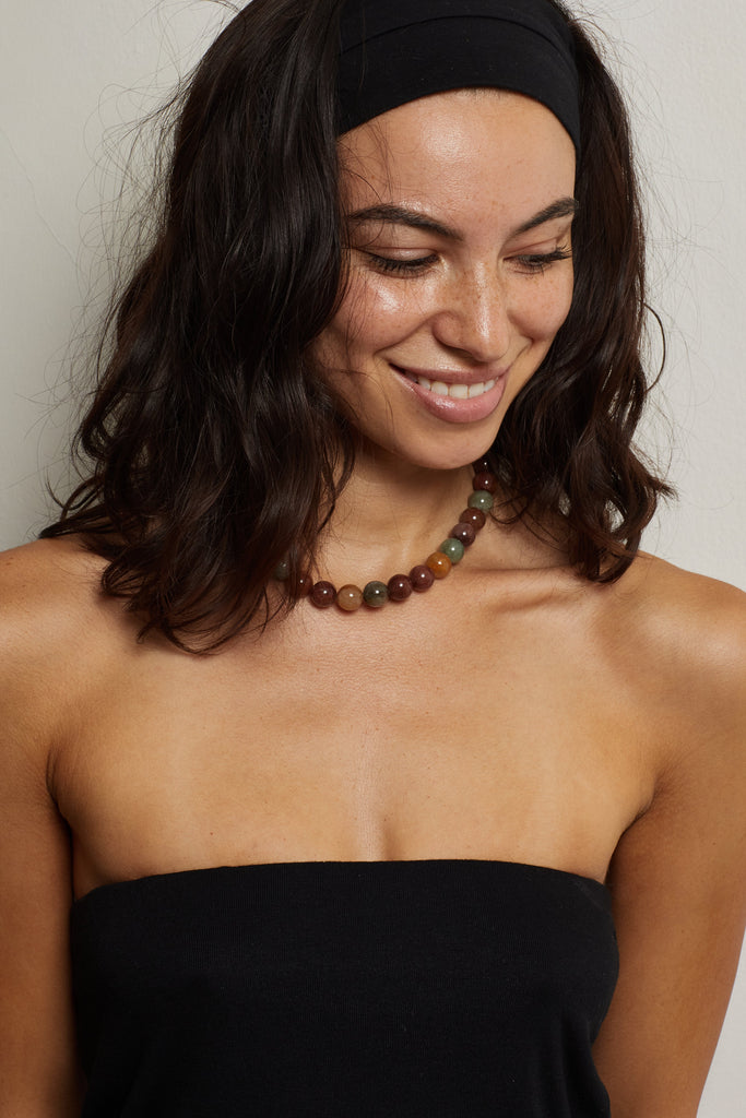 Rutilated Quartz Necklace necklace Bagatiba on model smiling 