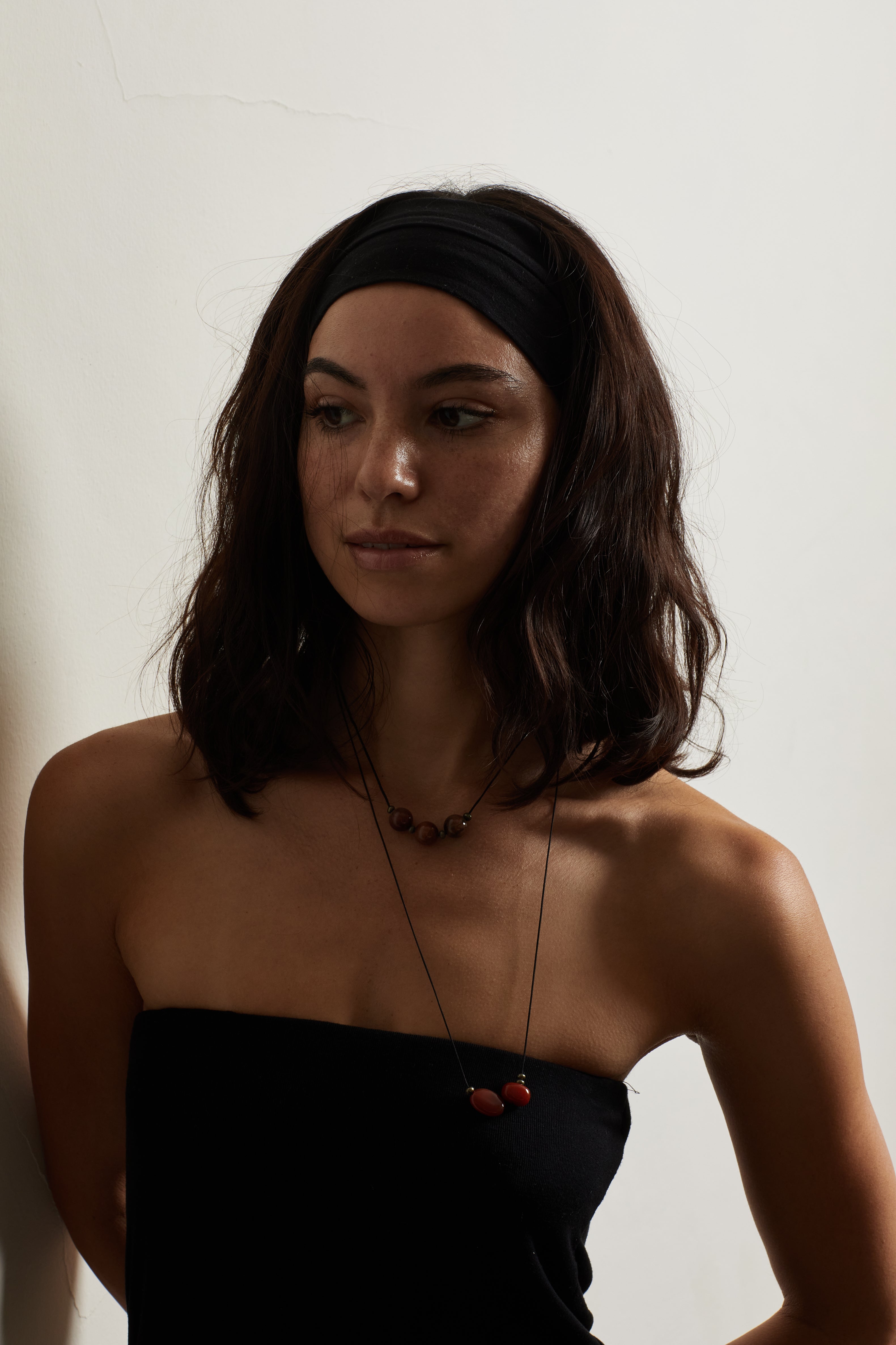 Rutilated Quartz Trio Necklace necklace Bagatiba on model posing portrait style