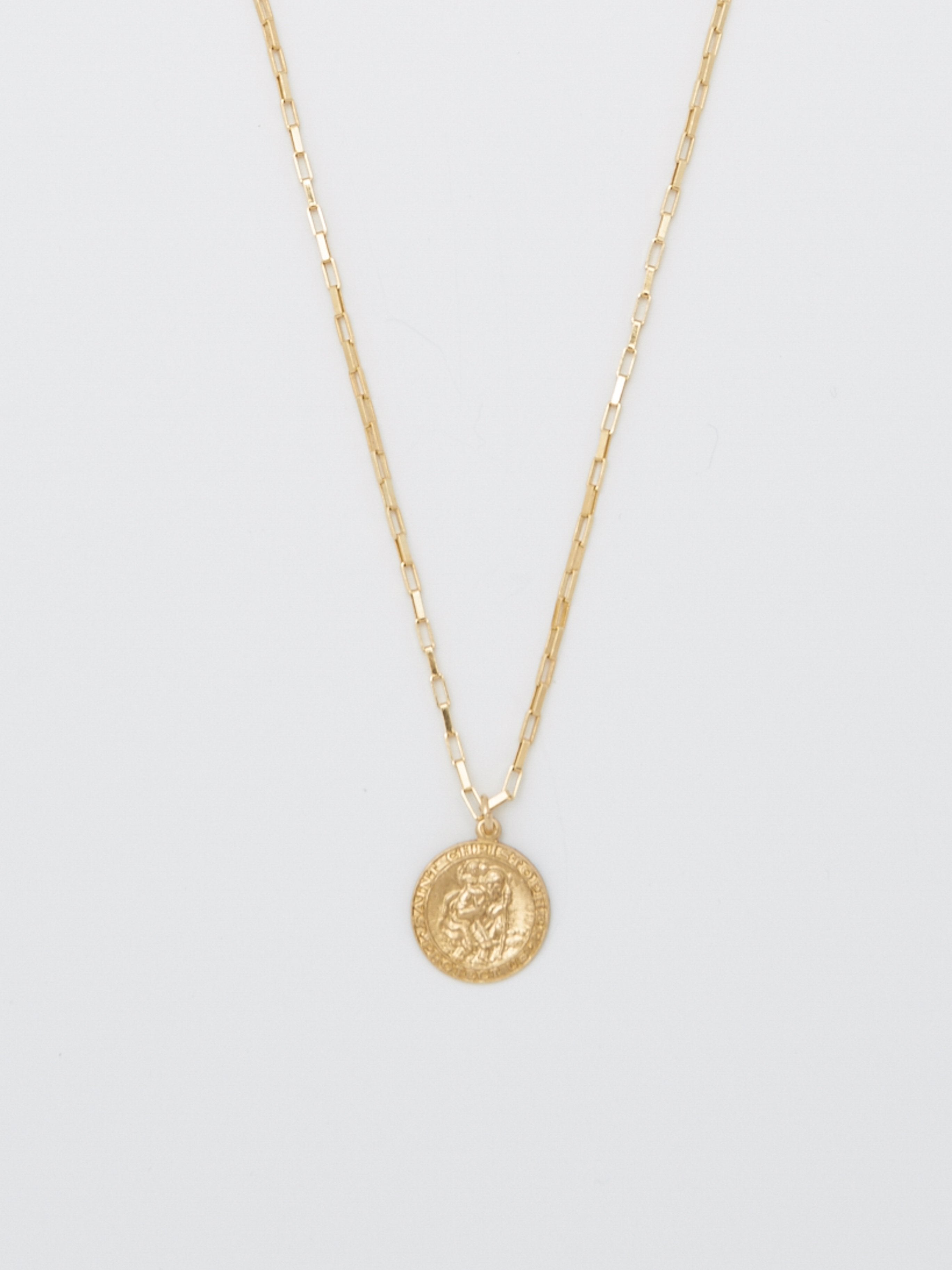 Detail flat lay of Saint Christopher Box Chain Necklace neckalce Bagatiba 
