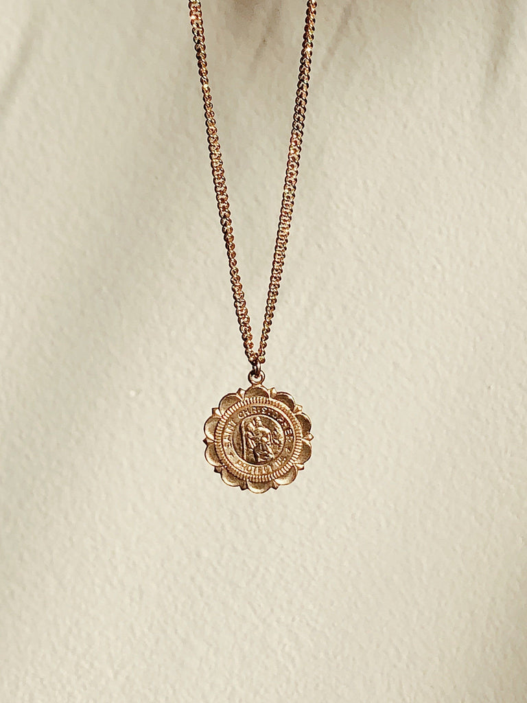 Saint Christopher Crest Necklace cropped view in natural light