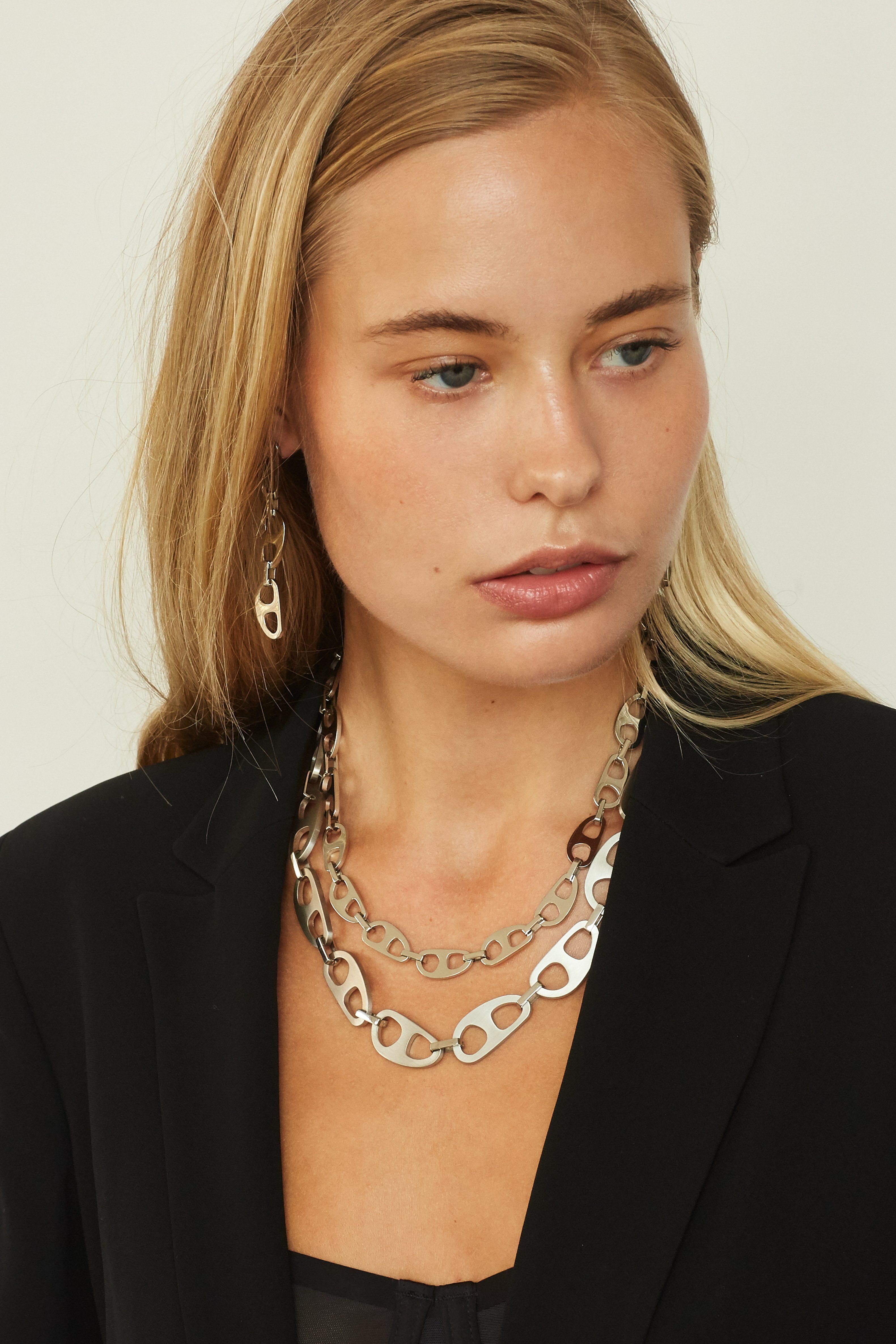 Silver Brushed Tab Necklace, Small Silver Tab Necklace and Silver Tab Drop Earrings on Model  bagatiba 