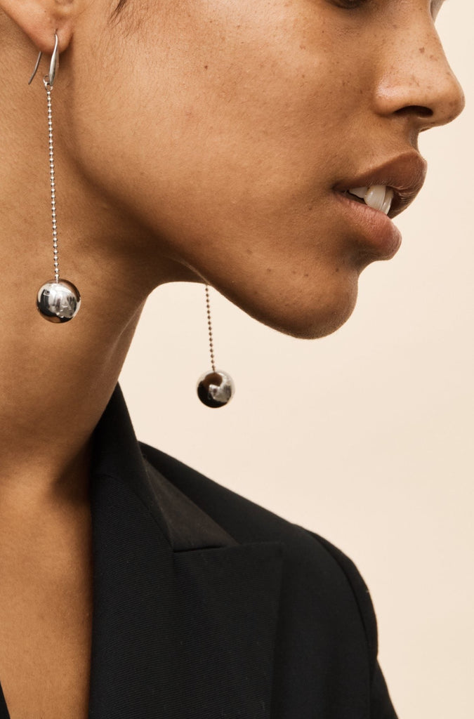 Silver Drop Sphere Earrings worn by model  bagatiba 
