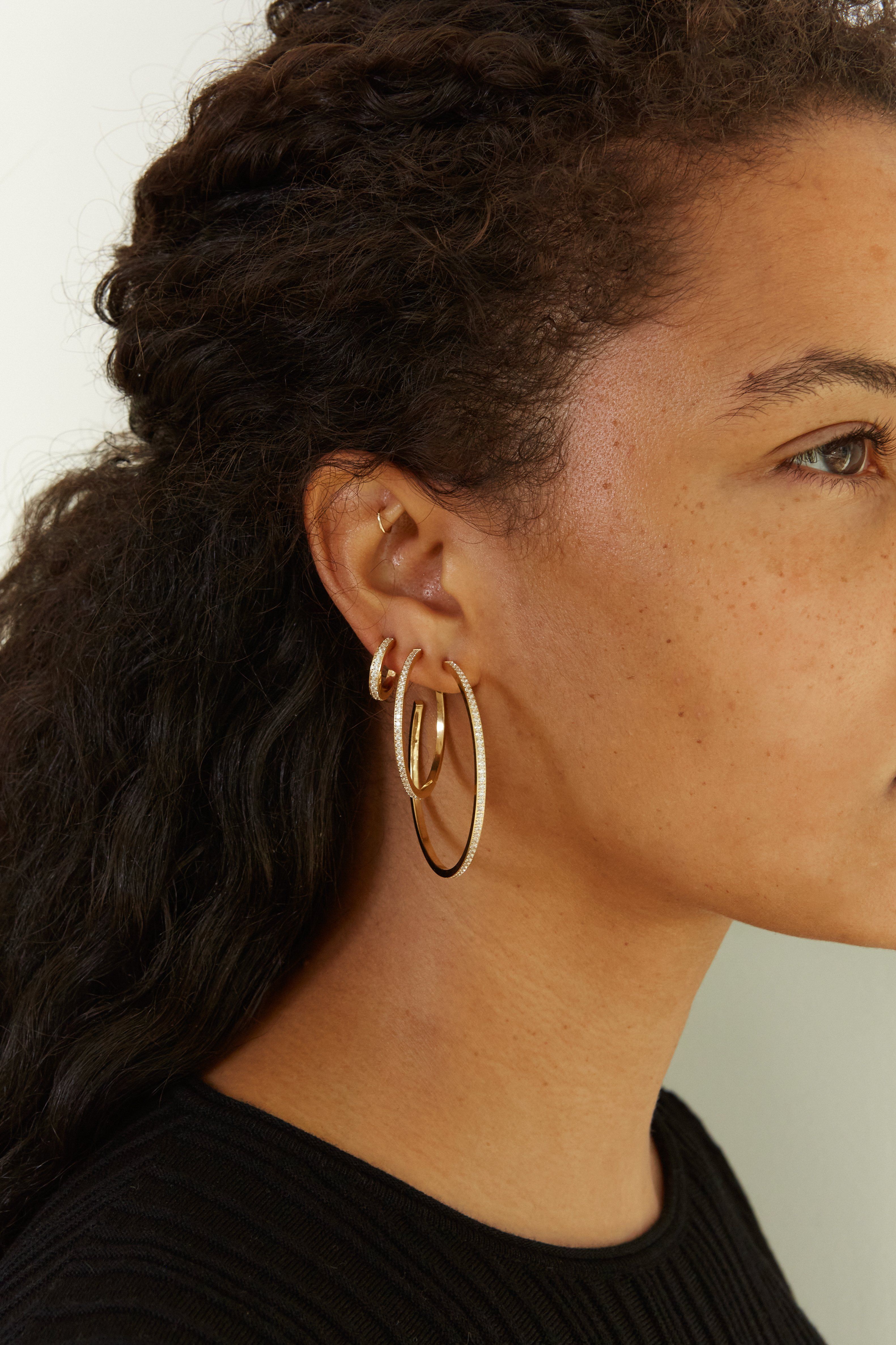 Model wearing the Small, Medium and Large  Diamond Hoops Earrings Bagatiba 