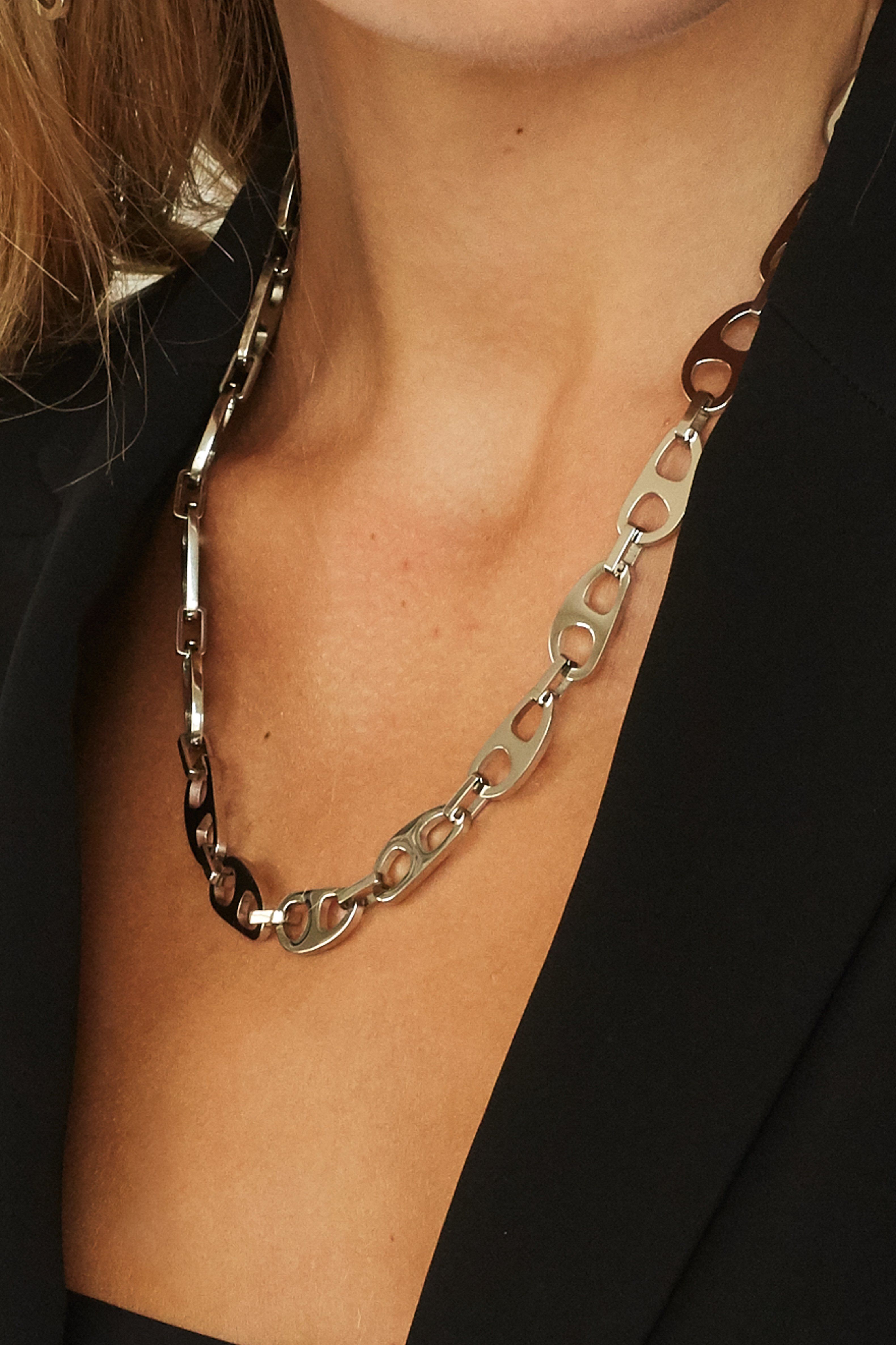 Cropped detail view on neck of Small Silver Tab Necklace Necklace bagatiba 