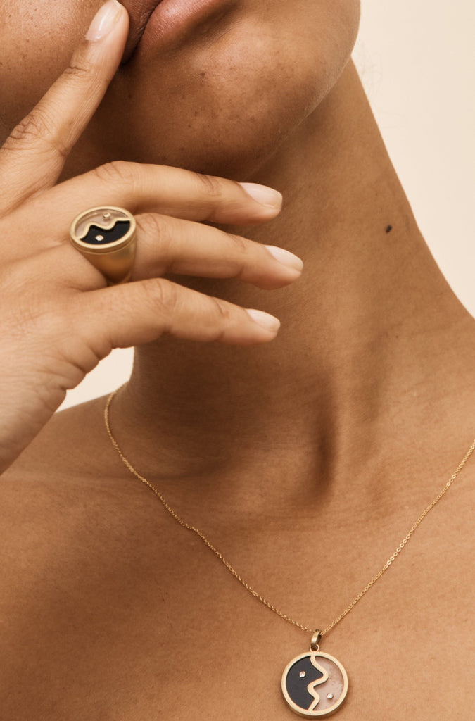Model wearing the Yin Yang Glass Ring and Necklace by bagatiba 